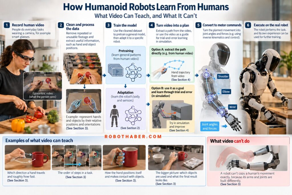 İnsansı robotların insan videolarından nasıl öğrendiğini altı adımda gösteren görsel: video kaydı, verilerin temizlenmesi, modelin eğitilmesi, videodan hareket yolu çıkarılması, bu yolun motor komutlarına dönüştürülmesi ve hareketin gerçek bir robot tarafından yapılması.