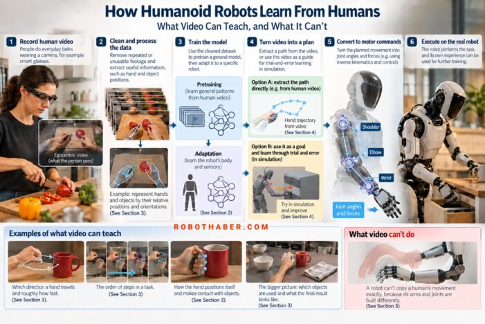 İnsansı robotların insan videolarından nasıl öğrendiğini altı adımda gösteren görsel: video kaydı, verilerin temizlenmesi, modelin eğitilmesi, videodan hareket yolu çıkarılması, bu yolun motor komutlarına dönüştürülmesi ve hareketin gerçek bir robot tarafından yapılması. İnsansı Robotlar İnsanlardan Nasıl Öğreniyor